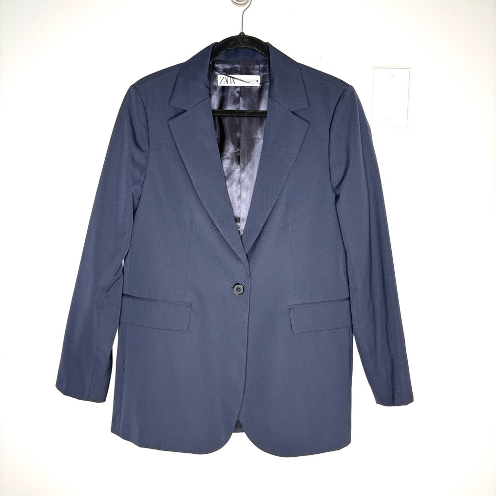 Zara Navy Blue Single Button Blazer Classic Lined Pockets Shoulder Pads Size L